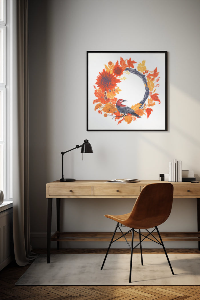 Stylish home office interior with autumn-themed poster featuring leaves and bird