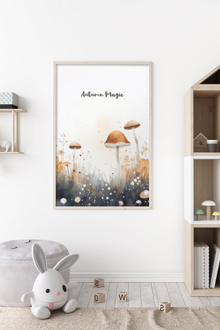 Autumn Magic Mushroom Artwork Poster Displayed in a Cozy Room Setting