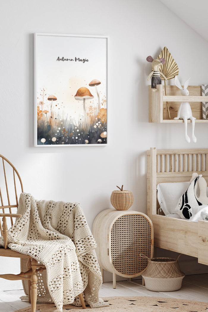 Warm autumn inspired wall art poster with mushrooms and sparkles titled Autumn Magic