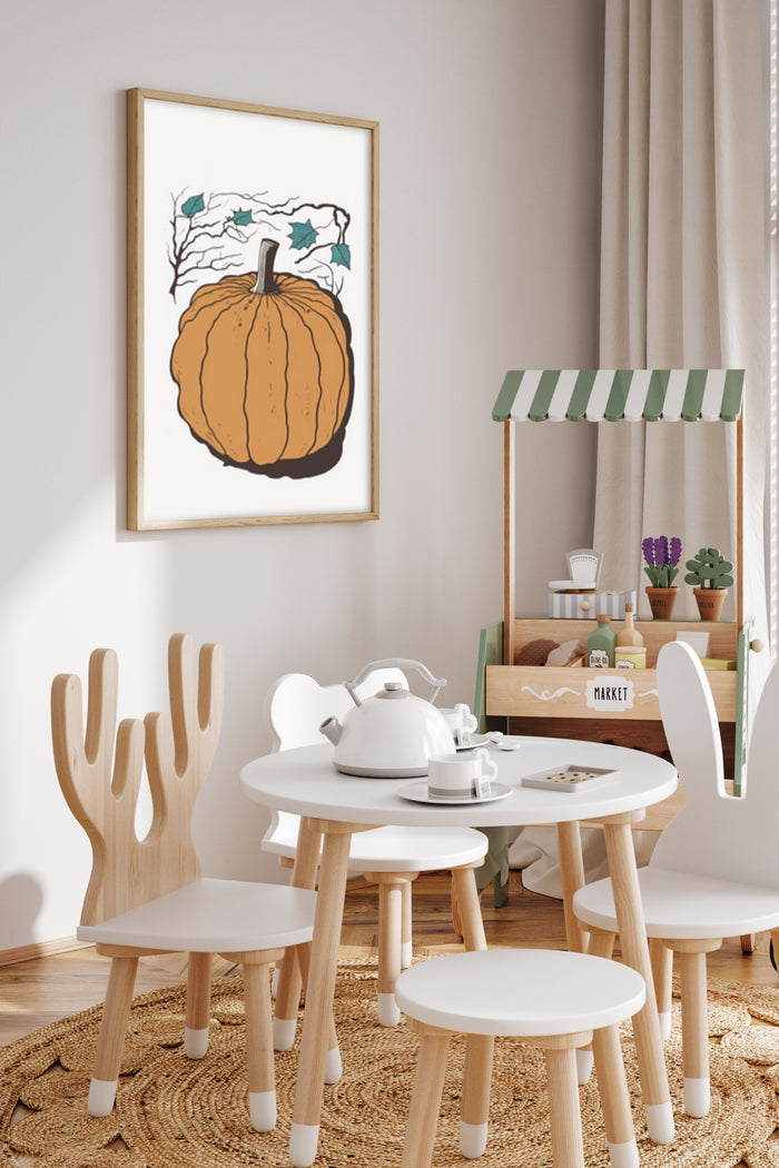 Autumn themed pumpkin illustration in a contemporary children's playroom setting