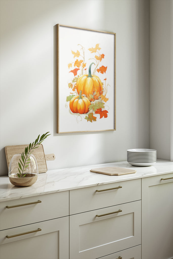 Colorful autumn pumpkin artwork in a modern kitchen setting for seasonal home decor