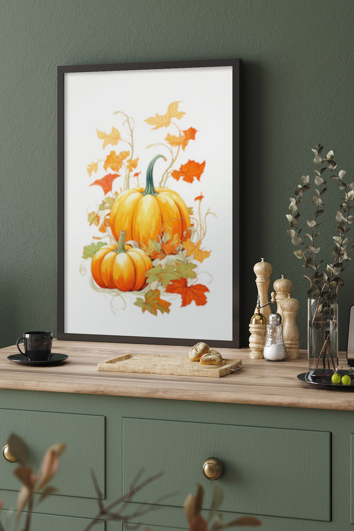 Autumn pumpkin artwork poster in a modern kitchen setting for home decor