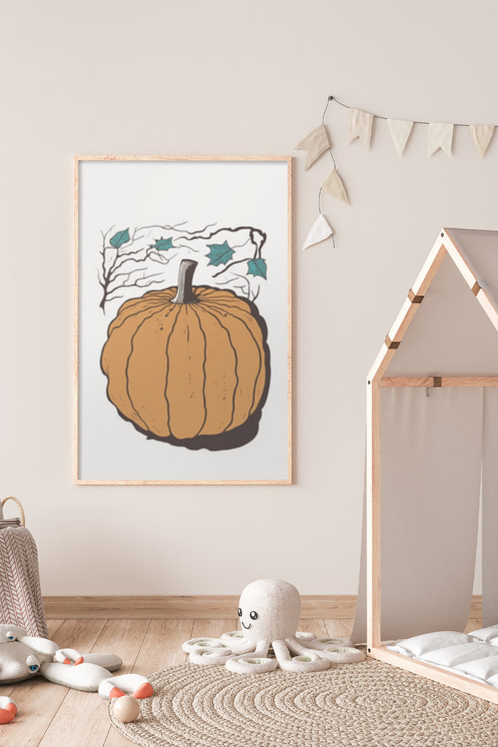 Stylish autumn pumpkin poster framed on a nursery wall among kids toys