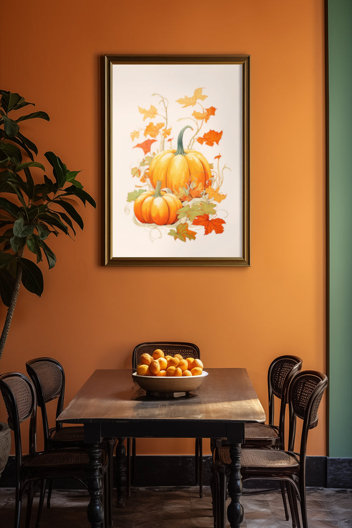 Autumn themed dining room with a framed poster of pumpkins and autumn leaves on the wall