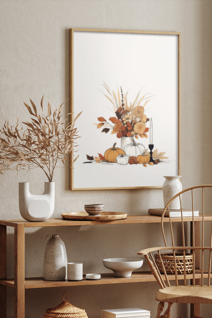 Elegant autumn themed poster with pumpkins and dried flowers in a stylish living room setting