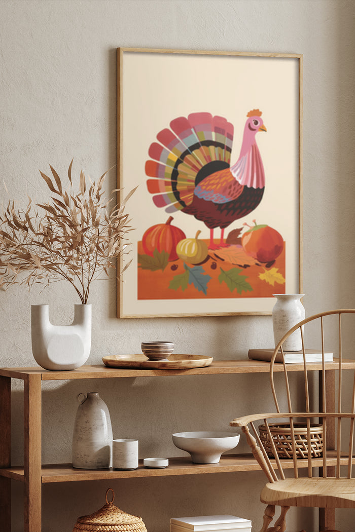 Colorful Thanksgiving Turkey Poster with Pumpkins in Modern Home Interior