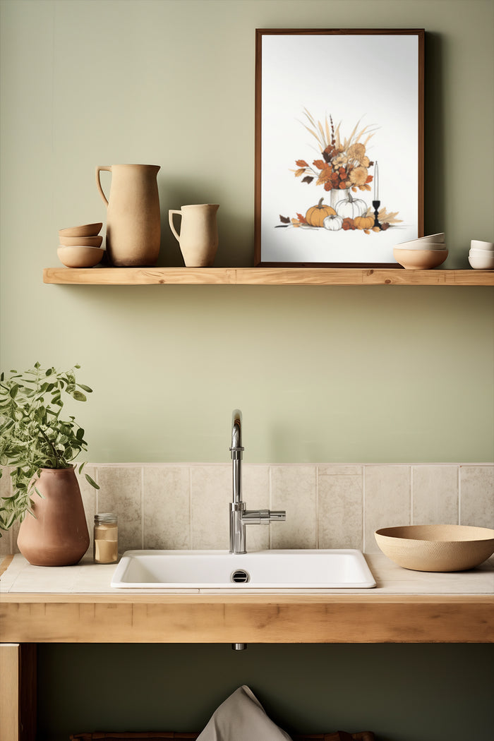 Elegant kitchen interior with autumn-themed still life artwork on wooden shelf with pottery decor