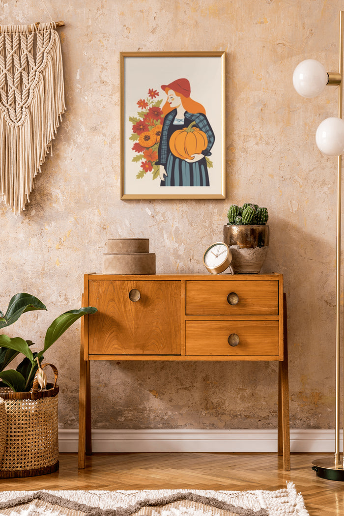 Autumn themed illustration of a woman holding a pumpkin with flowers in the background, framed artwork on wall