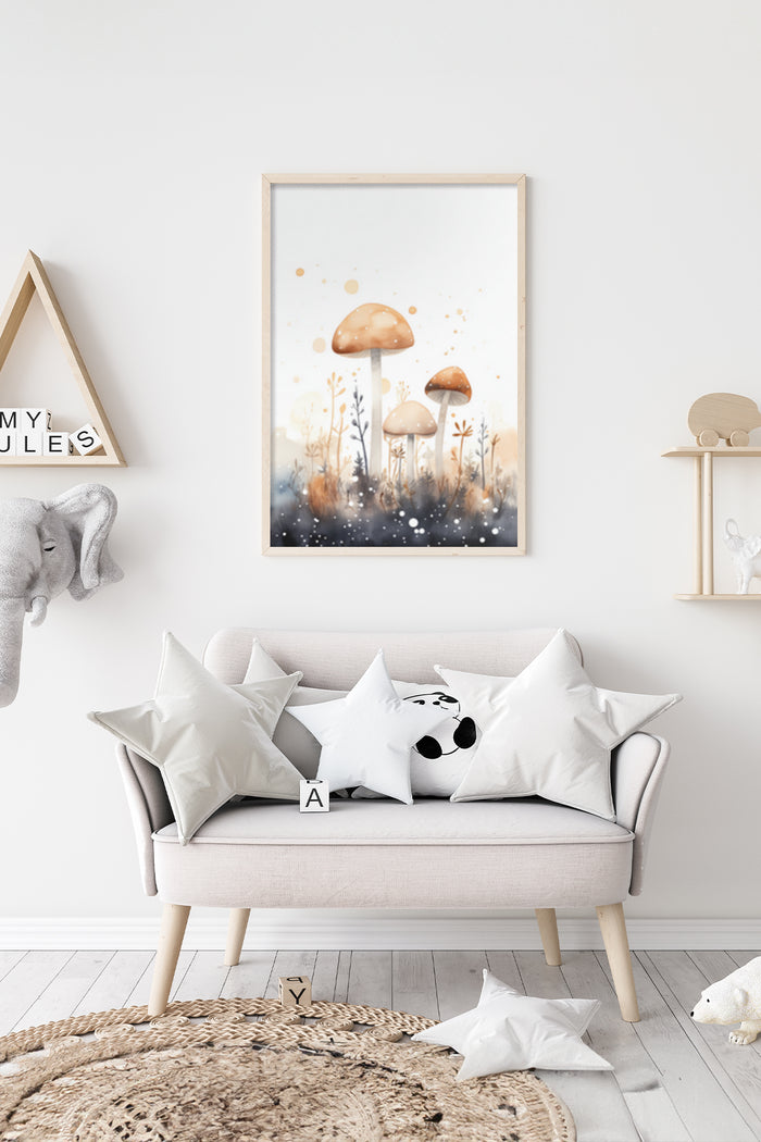 Scandinavian style home decor with framed autumn themed artwork featuring mushrooms and wildflowers