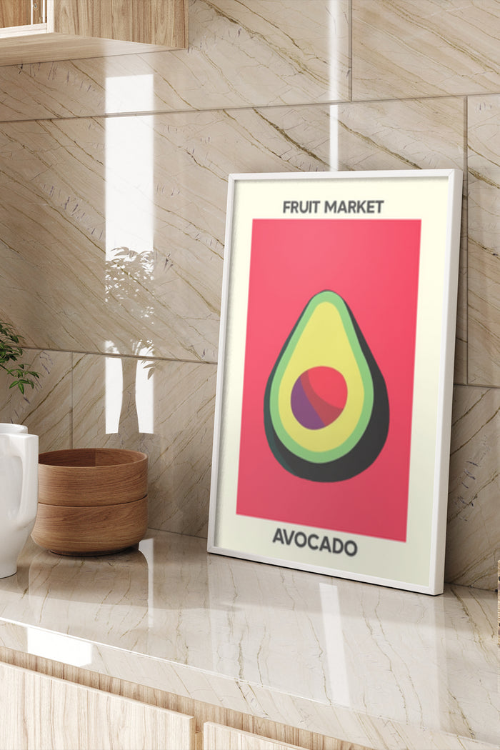 Colorful avocado poster advertising a fruit market on a framed wall display
