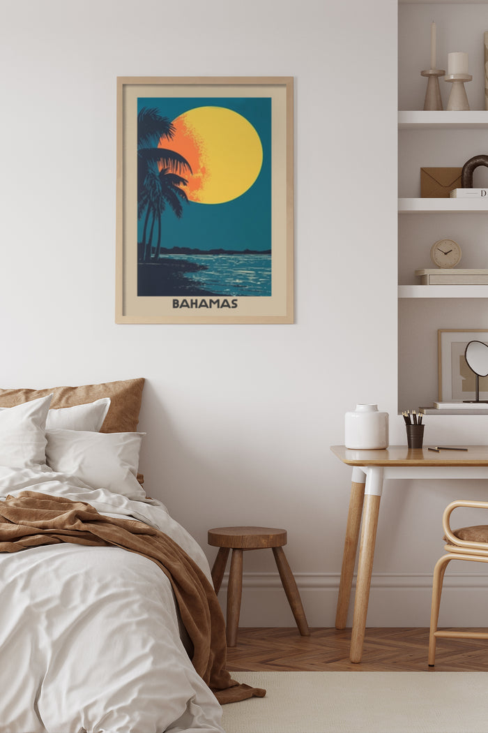 Vintage Bahamas travel poster with tropical sunset and palm trees for wall decor