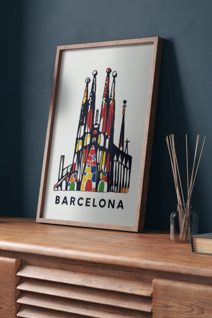 Colorful abstract art poster of Barcelona landmarks in a modern interior setting