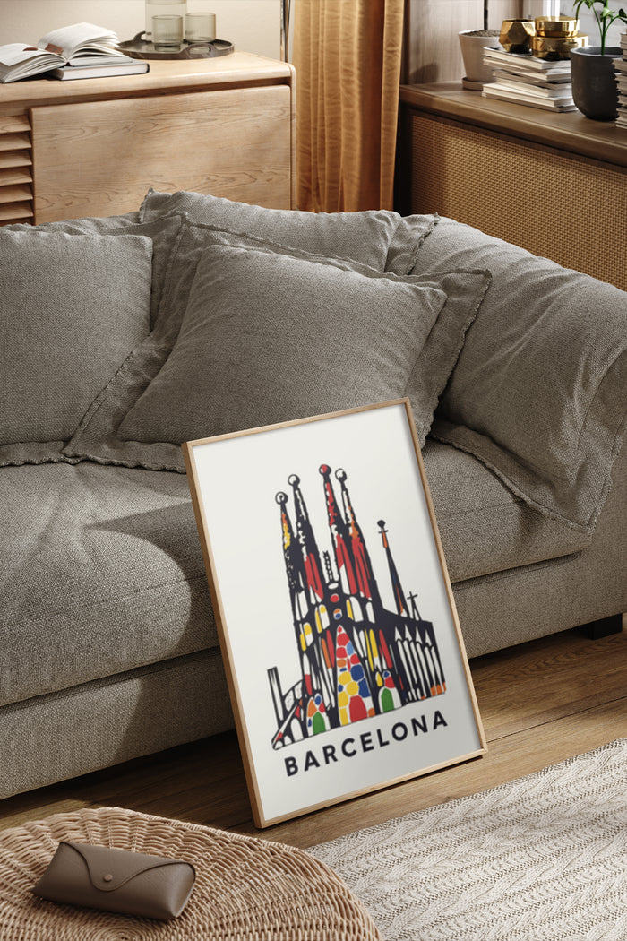Barcelona abstract art poster leaning against sofa in cozy living room interior