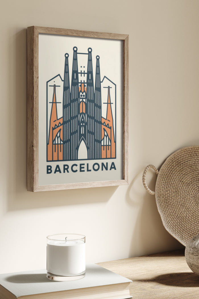 Stylized Barcelona Cathedral artwork poster in a wooden frame