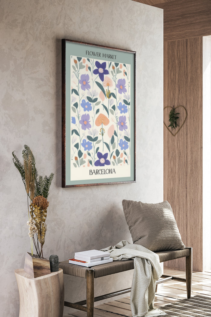 Elegant Barcelona Flower Market Poster with Floral Patterns in a Stylish Home Interior