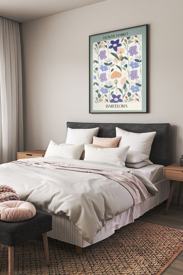 Modern bedroom interior with Barcelona Flower Market poster on wall
