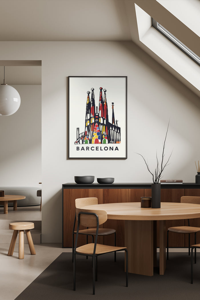 Barcelona Sagrada Familia inspired modern poster art displayed in a contemporary dining room