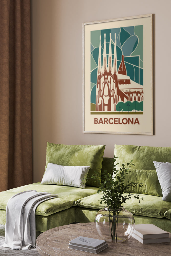 Retro style travel poster of Barcelona displayed in a modern living room setting