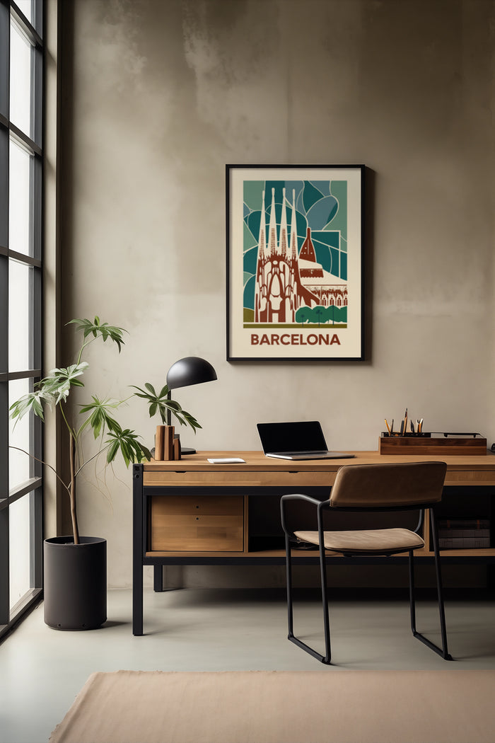 Barcelona vintage travel poster framed on a home office wall next to window