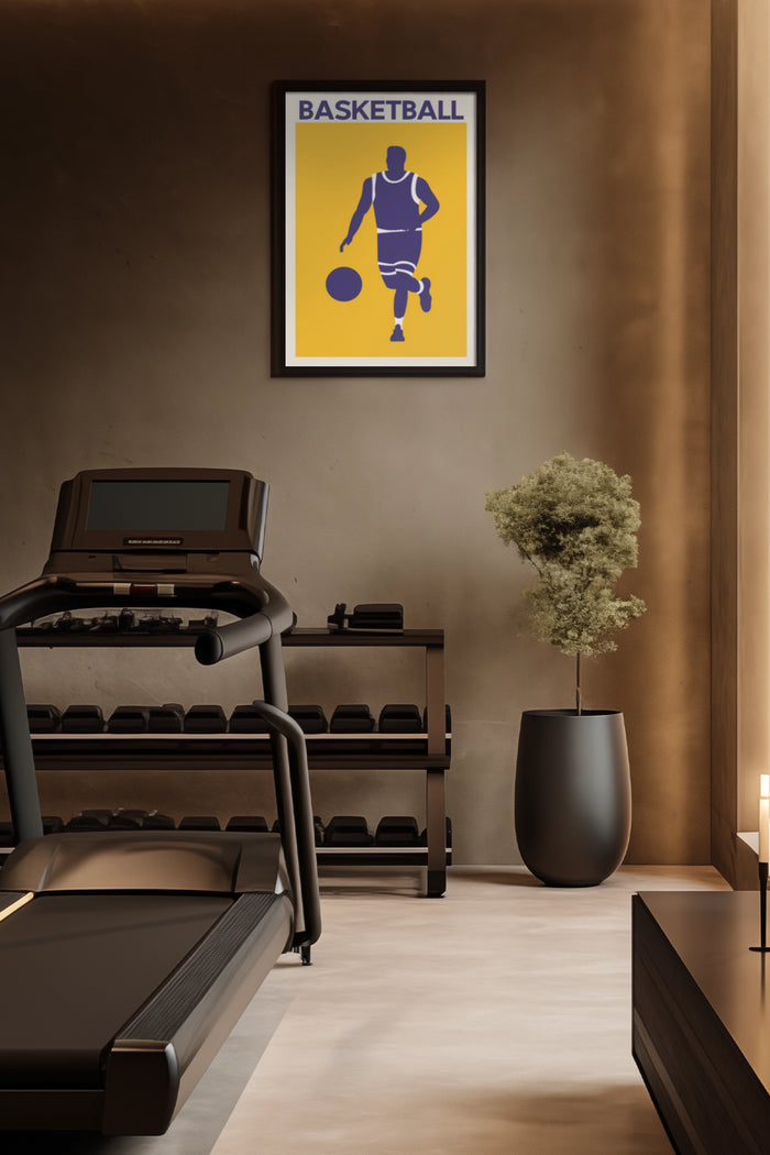 Stylized Basketball Poster Art in Modern Home Gym with Treadmill and Weights Rack