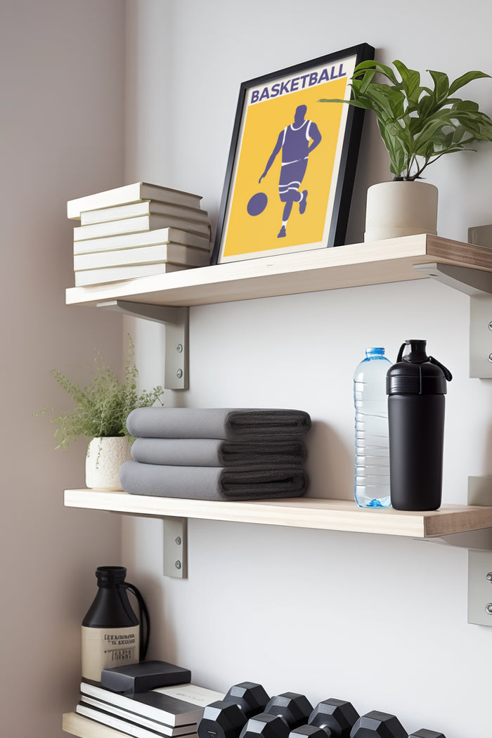 Basketball poster artwork with a dribbling player featured on a stylish home shelf