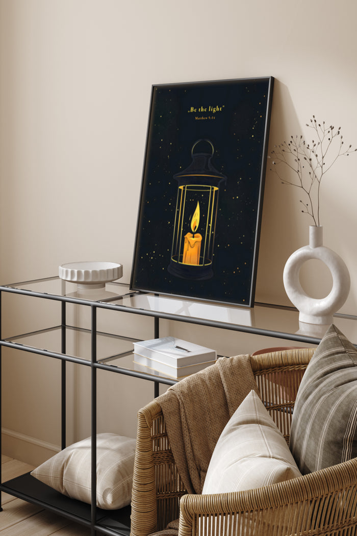 Inspirational 'Be the Light' poster with lantern illustration, referencing Matthew 5:14, displayed in a modern living room