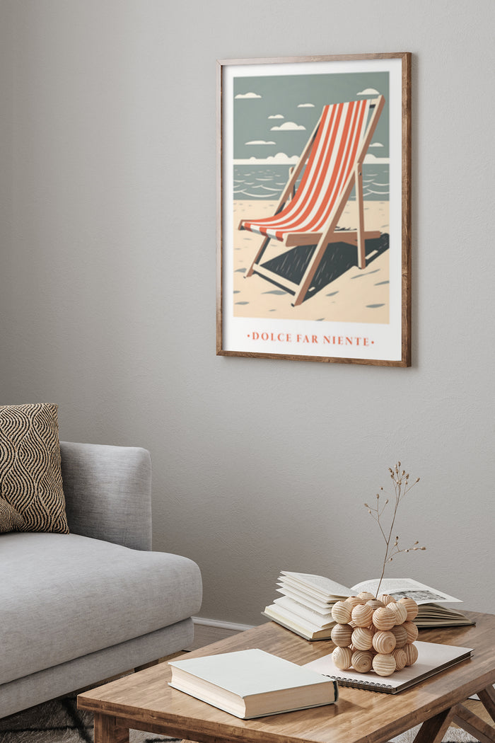 Vintage style beach chair poster with 'Dolce Far Niente' tagline in a modern living room setting