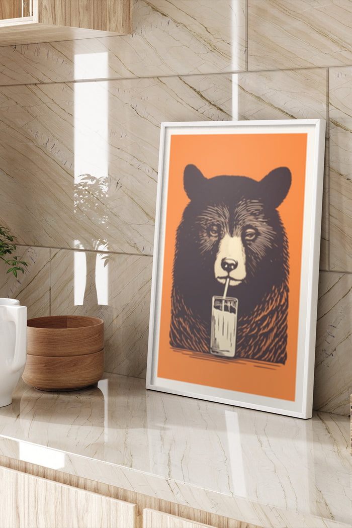 Modern art poster featuring an illustrated bear with a milkshake in a stylish interior setting
