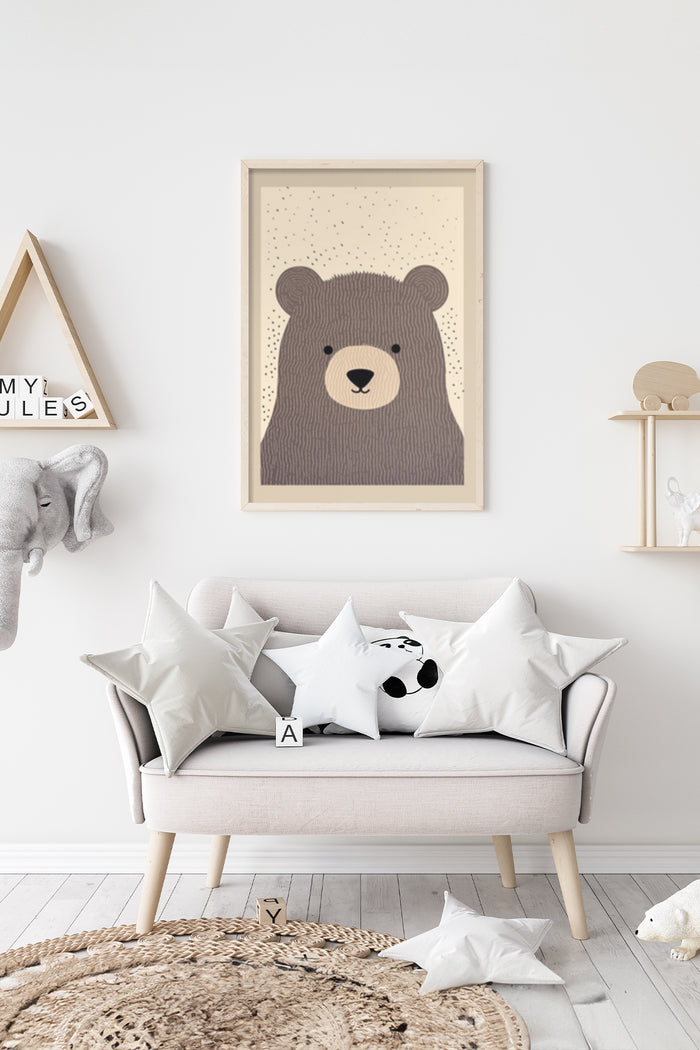 Stylish bear illustration poster framed on a nursery room wall surrounded by children's toys and decor