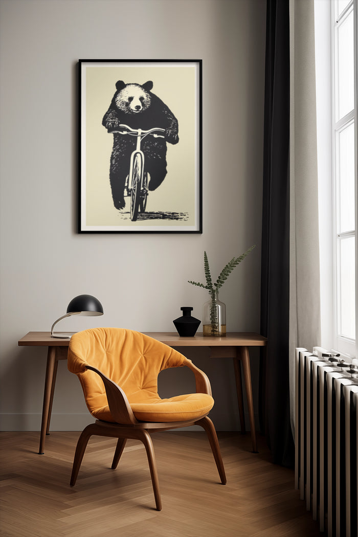 Contemporary art print featuring a bear riding a bicycle, displayed in a stylish room with sleek furniture