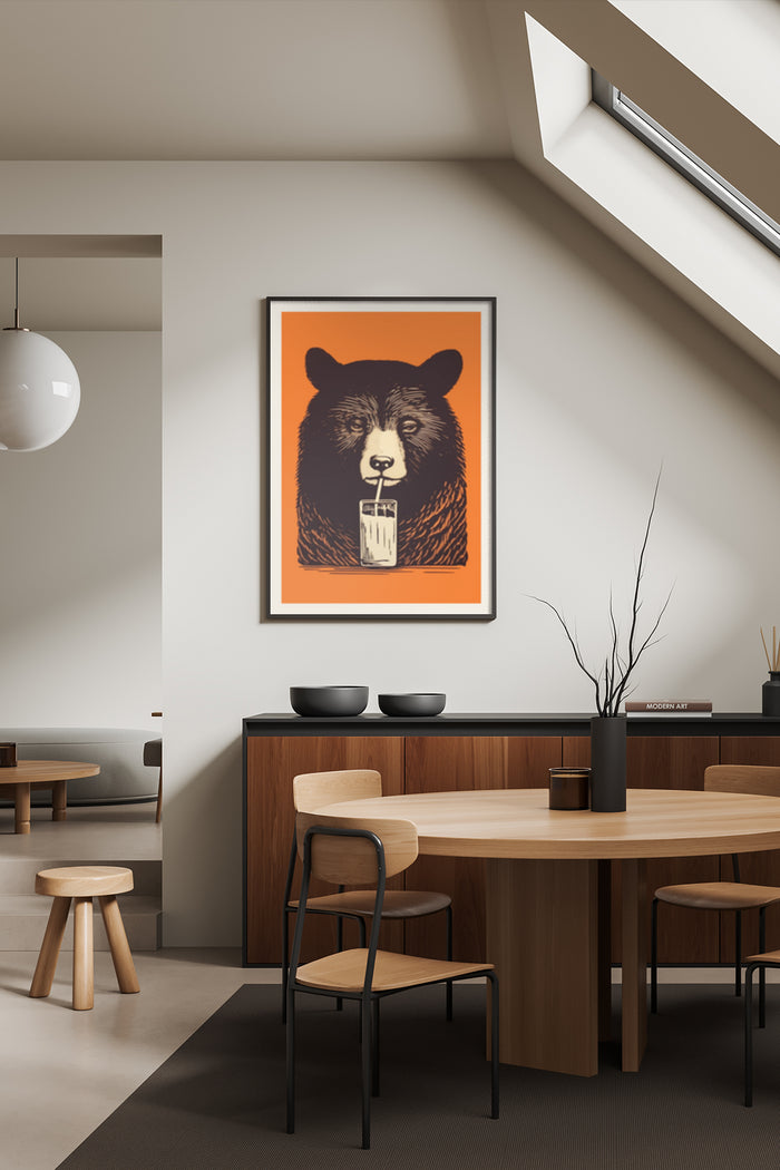 Modern artwork of a bear portrait with pint glass in wooden framed poster on dining room wall