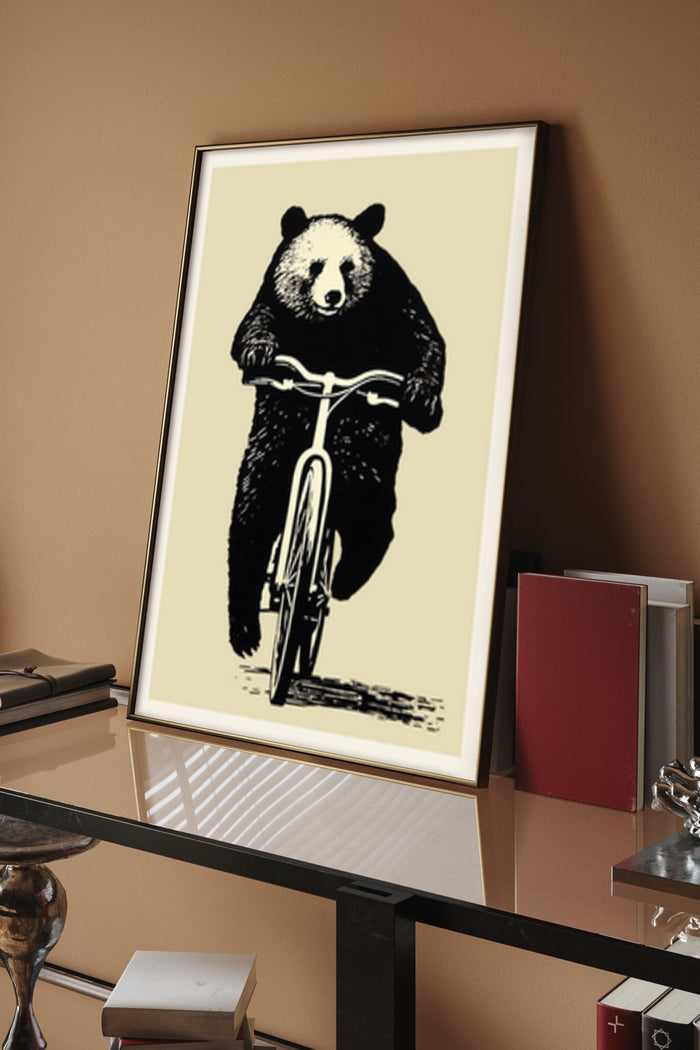Whimsical Bear on Bicycle Art Poster Print in Modern Office Decor