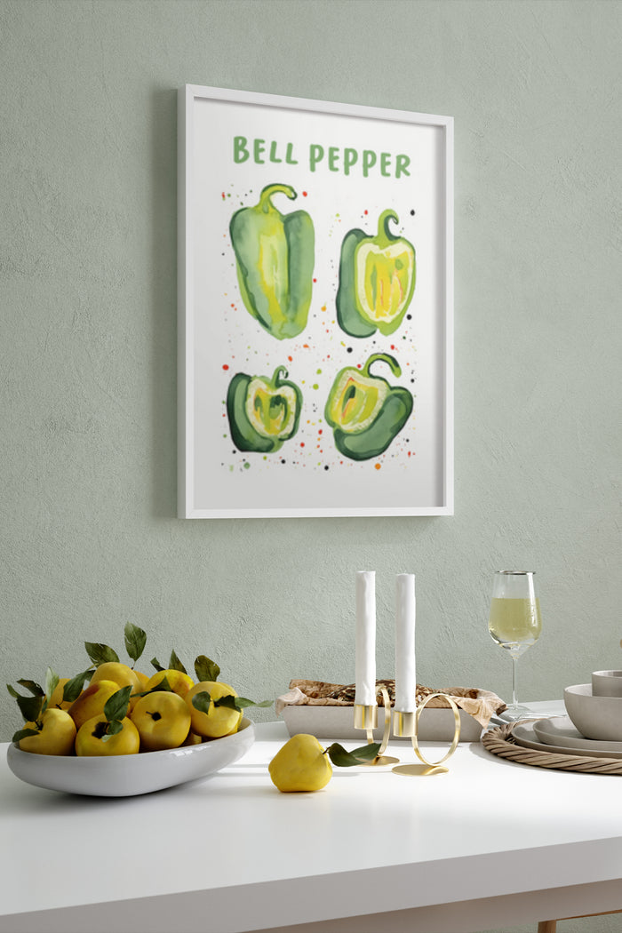 Bell Pepper Watercolor Kitchen Artwork Poster in Dining Room