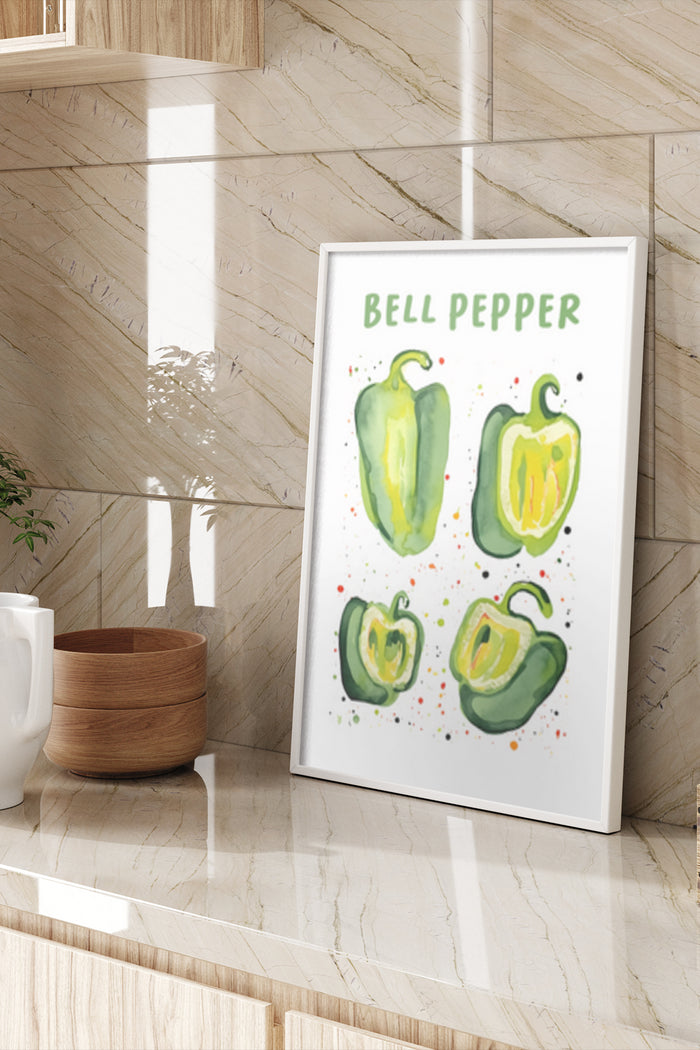 Bell Pepper Watercolor Artwork Poster in a Modern Kitchen Setting