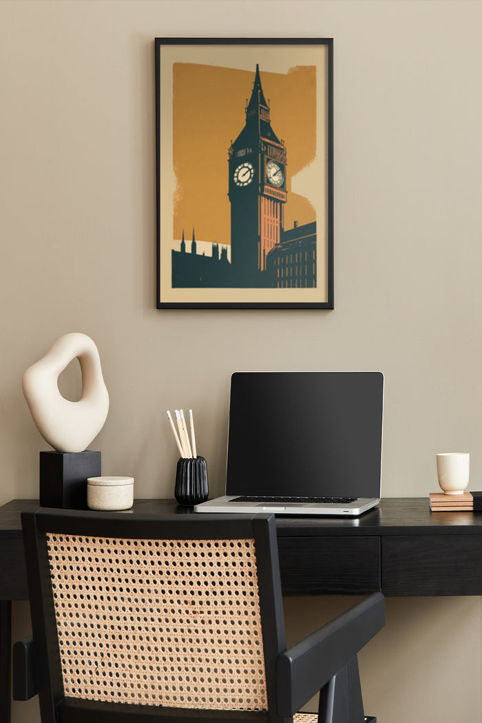 Vintage-style Big Ben poster in a stylish home office with laptop and desk accessories