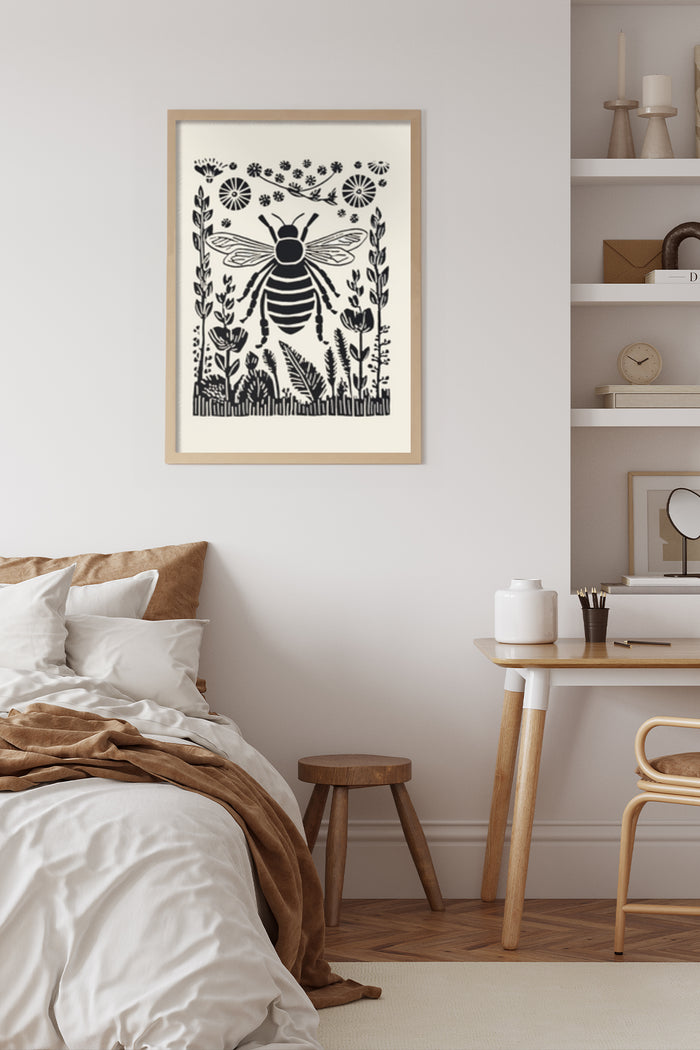 Black and White Bee Folk Art Poster in Bedroom Interior