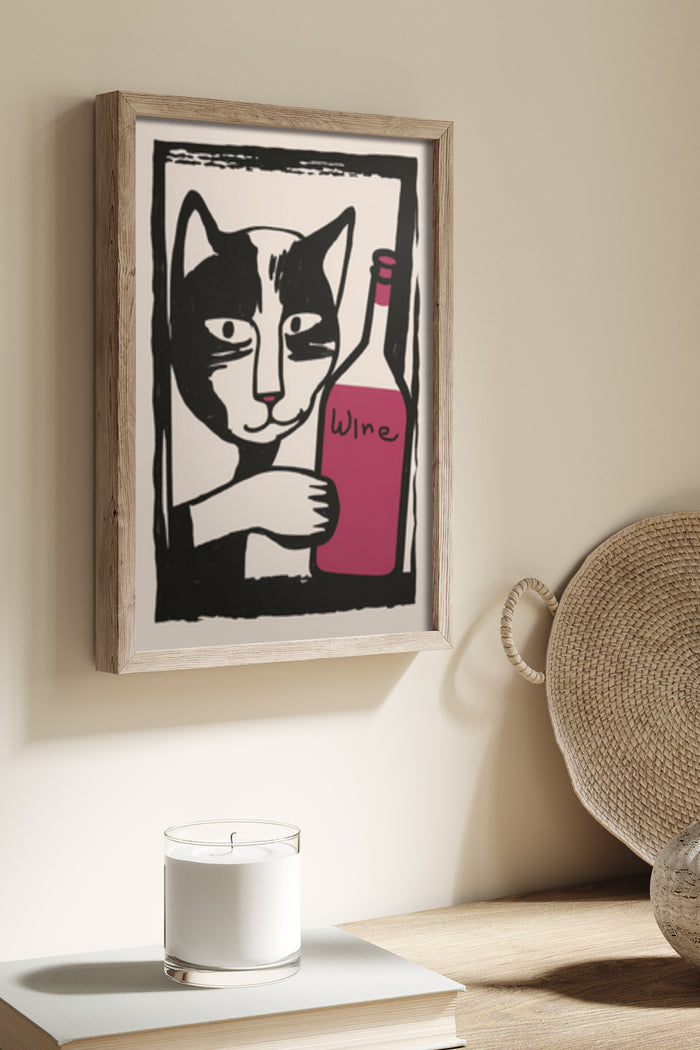 Black and white cat embracing a bottle of wine poster in a wooden frame