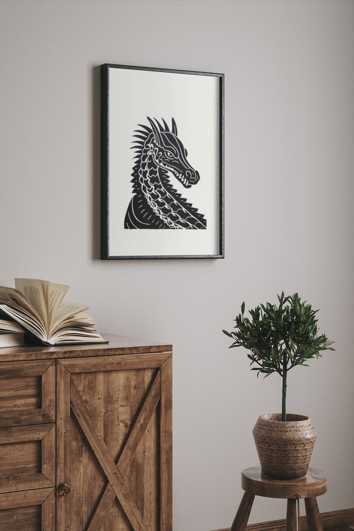 Minimalist black and white dragon illustration poster in a modern home decor setting
