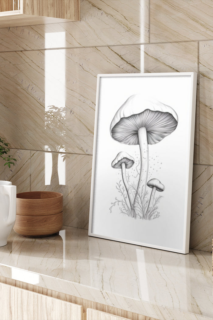 Black and white artistic mushroom illustration in modern poster design
