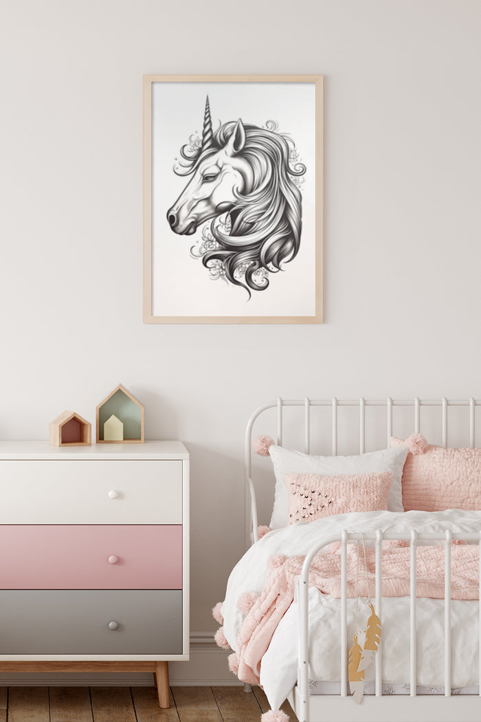 Elegant Black and White Unicorn Drawing Poster in a Stylish Nursery Room