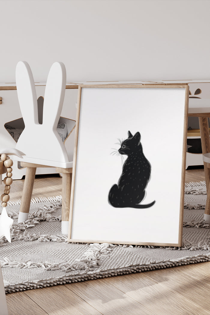 Stylish black cat silhouette poster framed on wooden easel in contemporary room setting