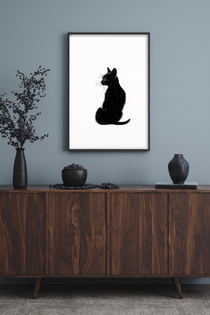 Elegant Black Cat Silhouette Poster in Minimalist Home Decor Setting