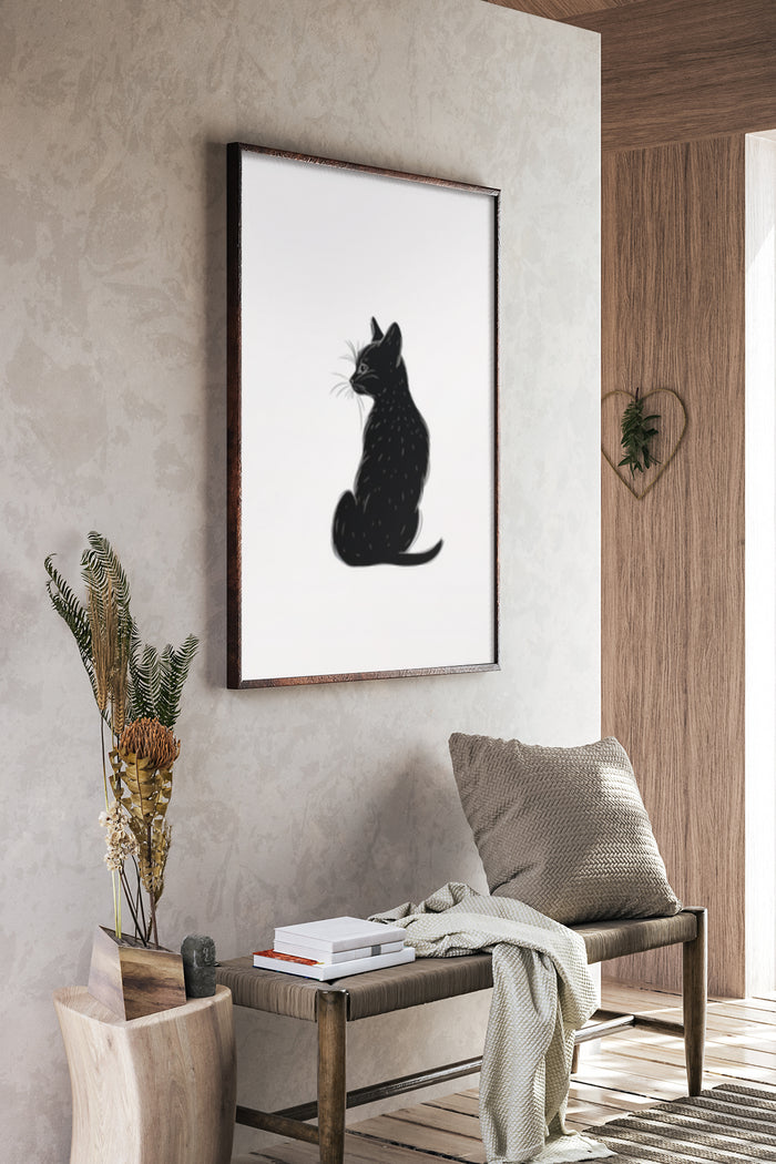 Stylish black cat silhouette poster framed on a textured wall in a modern interior setting