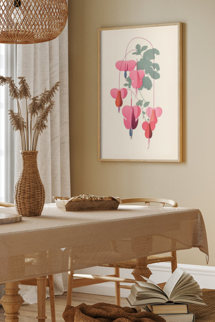 Contemporary bleeding heart flower illustration poster framed in a modern dining room setting