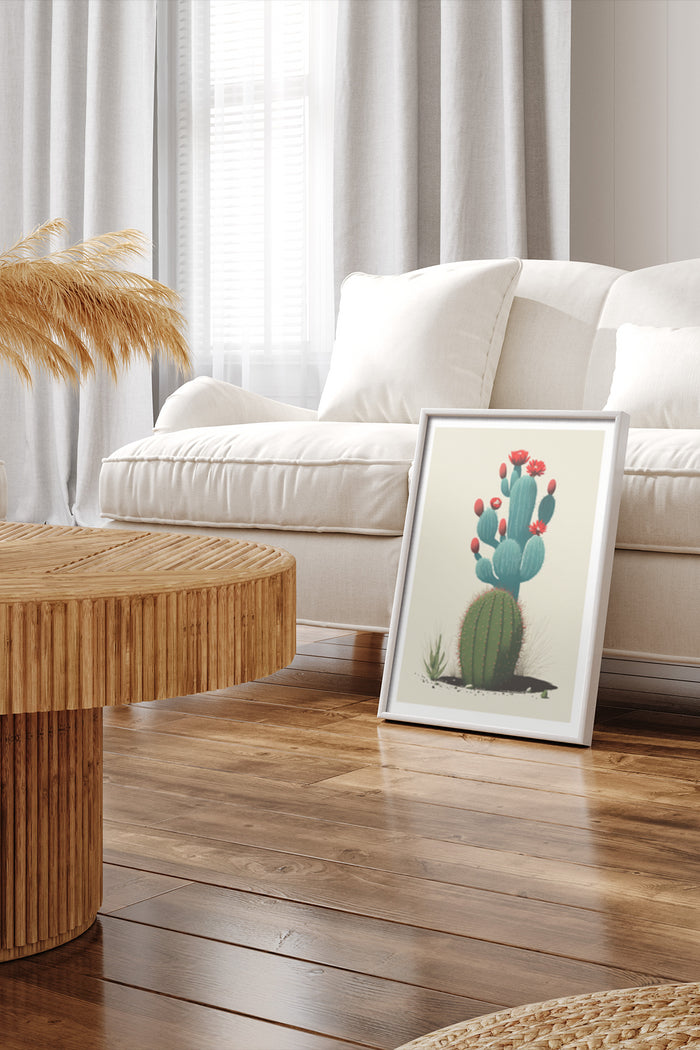 Stylish blooming cactus illustration poster in modern home decor setting