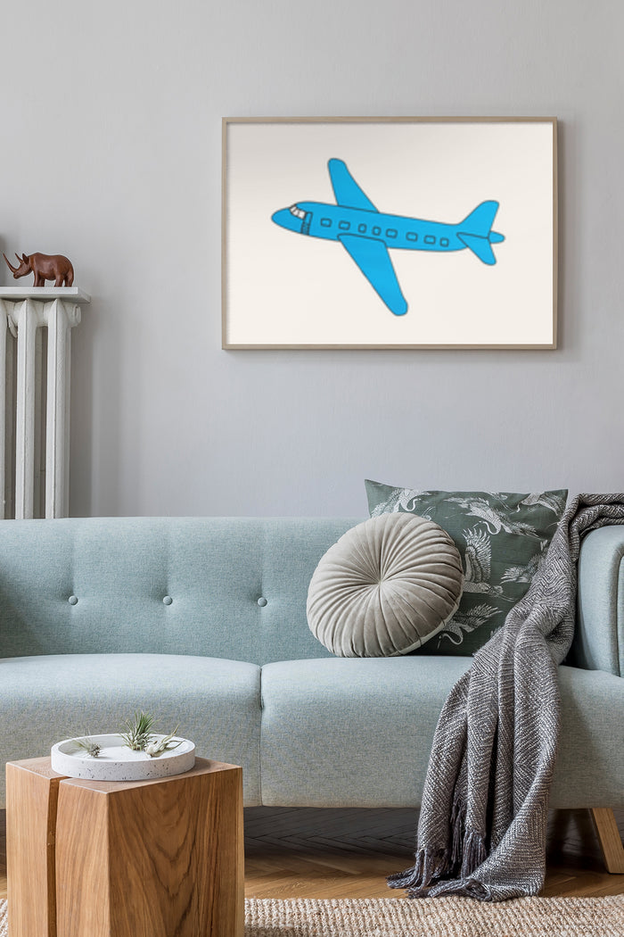 Modern living room interior with blue airplane poster artwork on the wall
