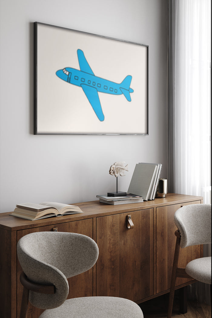 Modern blue airplane poster framed on a wall in a stylish home office interior