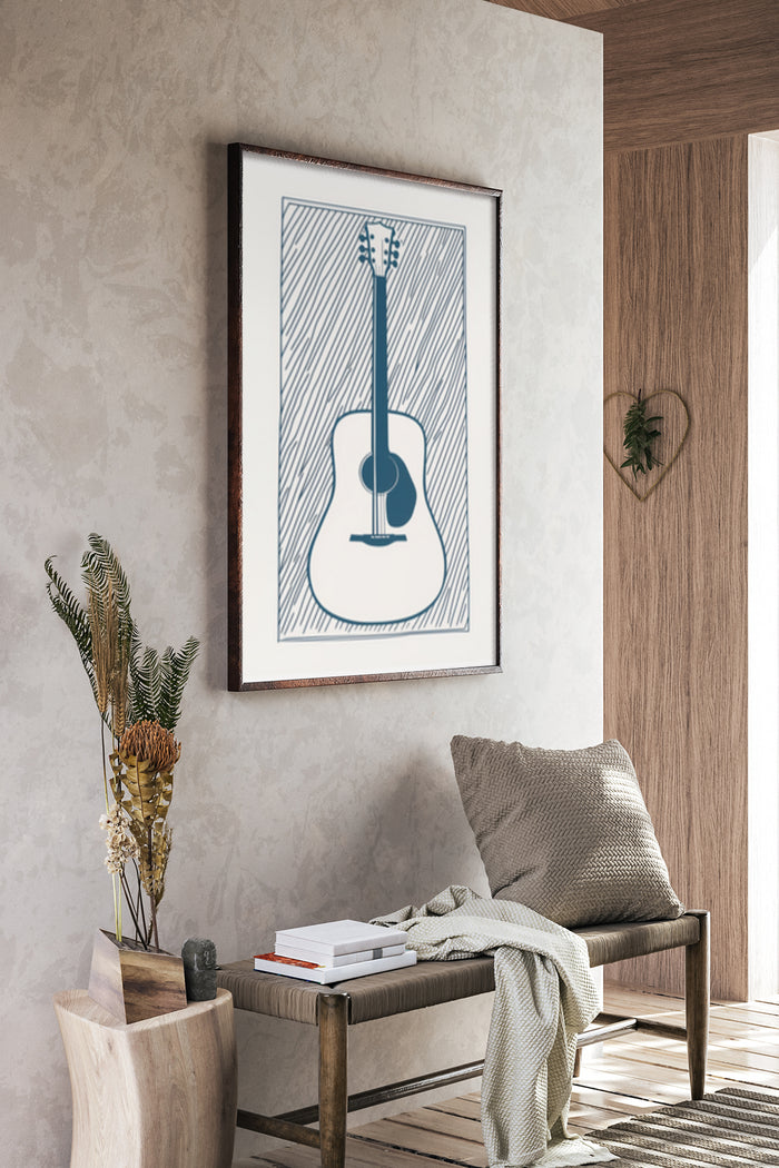 Modern blue and white acoustic guitar poster framed on a stylish home interior wall