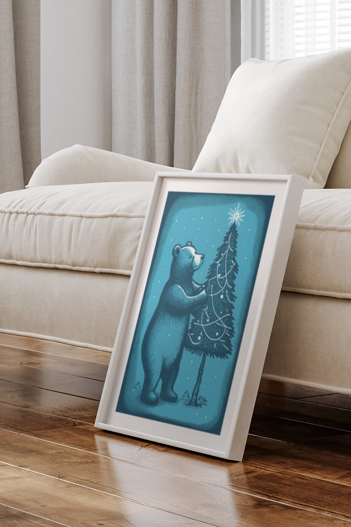 Blue bear with sparkler by Christmas tree illustration in cozy home setting poster