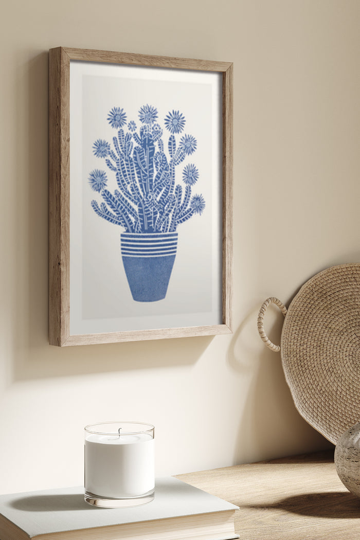 Blue cactus illustration in a wooden frame, modern home decoration poster